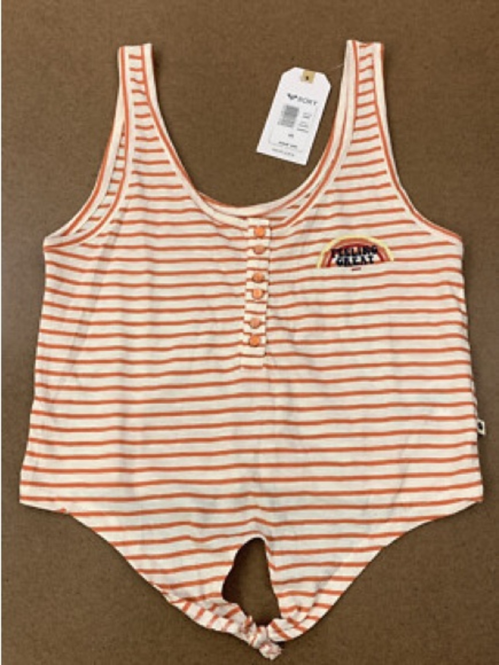 Roxy Orange & White Striped Tie-Knot Tank with Chest Graphic